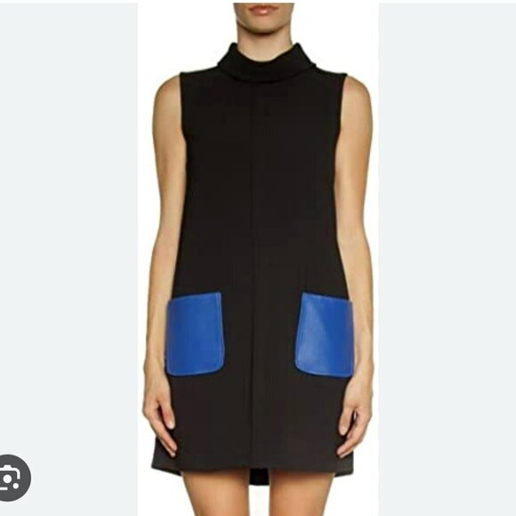 Anthropologie Dina Agam Black Crepe & Blue Lambskin Mock Sleeveless Shift Dress - Picture 2 of 16